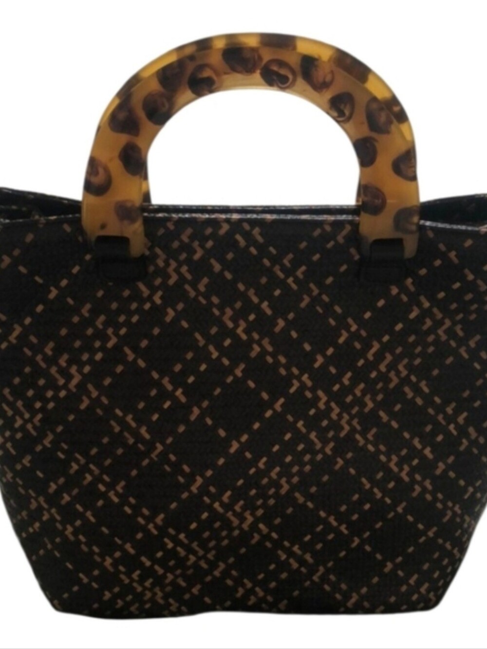 Talbots Woven Straw Tan Brown Handbag Tote Tortoise Shell Plastic Handles